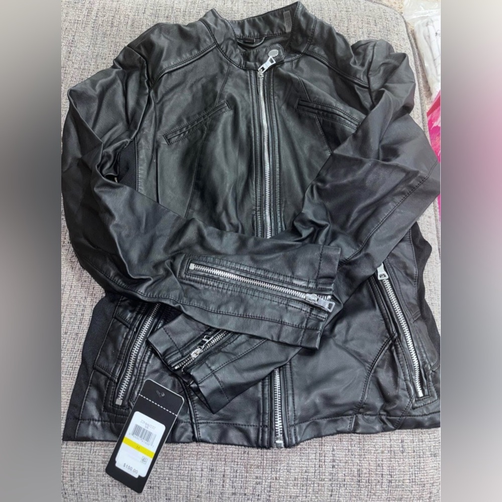 Guess Black Faux Leather Moto Jacket with Zip Accents